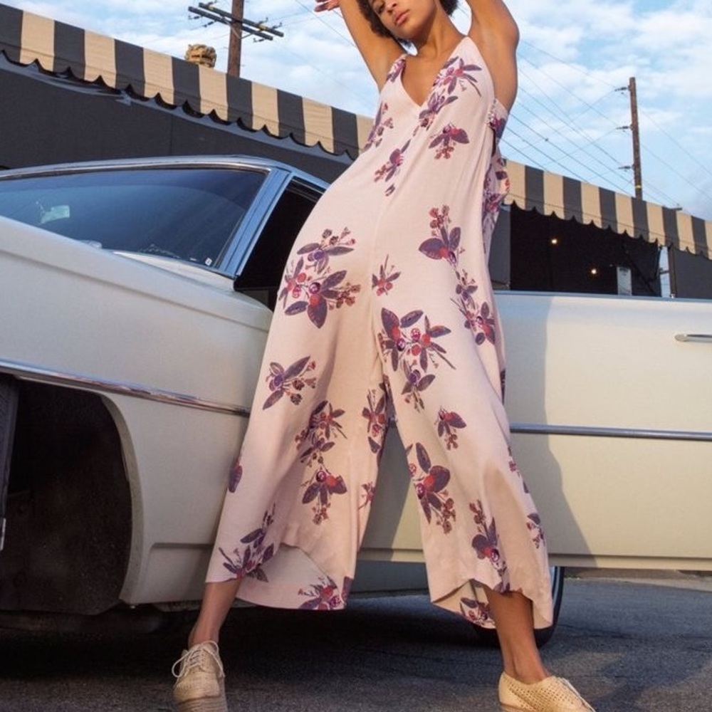 Free People Dream Big Blush Pink Floral Cutout Wide Leg Sleeveless Jumpsuit